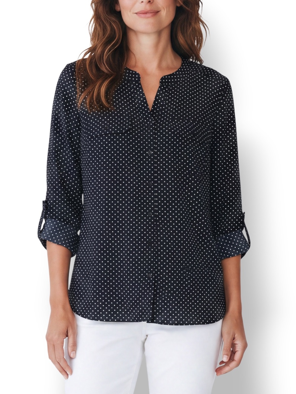 4/$20 Elementz Petite Black White Polka Dot Roll Tab Button Front Blouse Size PL